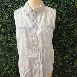 Life in Progress - Sleeveless Light Wash Denim Button-Up Shirt
